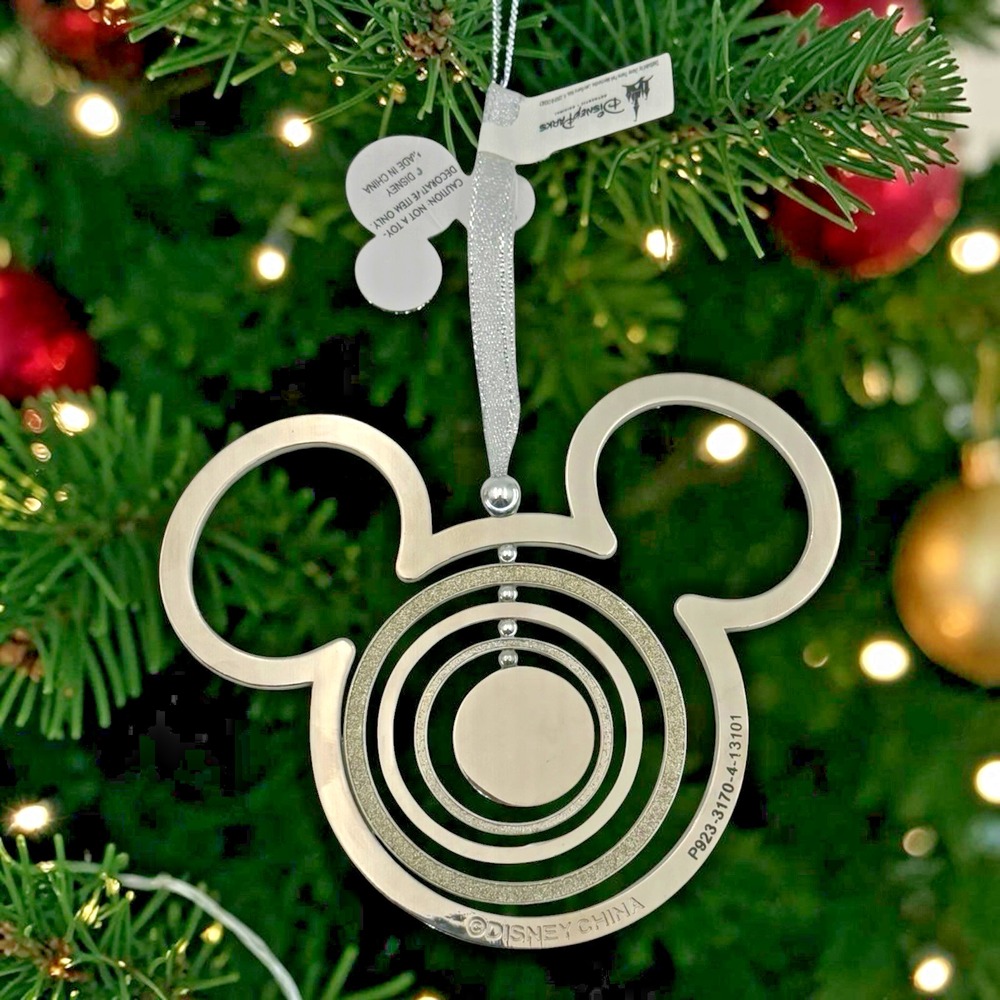 Disney Parks Mickey Mouse Icon Spinner Ornament Silver Tone Metal Ears NWT